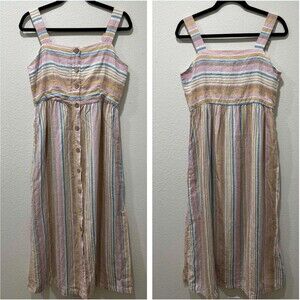 C&C California Womens 100% Linen Rainbow Striped Dress Sz 6 Sleeveless Casual